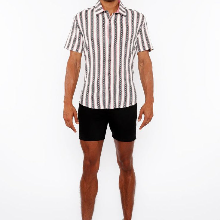 ROUGE PINK ZIGZAG STRIPE STRETCH KNIT SHORT SLEEVE SHIRT ST-24061