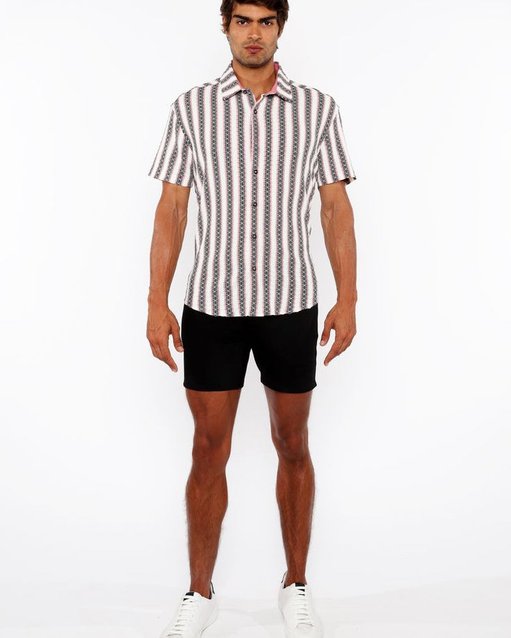 ROUGE PINK ZIGZAG STRIPE STRETCH KNIT SHORT SLEEVE SHIRT ST-24061