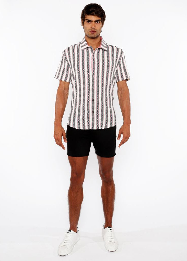 ROUGE PINK ZIGZAG STRIPE STRETCH KNIT SHORT SLEEVE SHIRT ST-24061