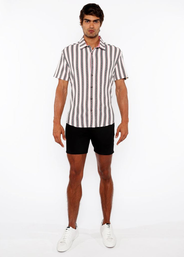 ROUGE PINK ZIGZAG STRIPE STRETCH KNIT SHORT SLEEVE SHIRT ST-24061