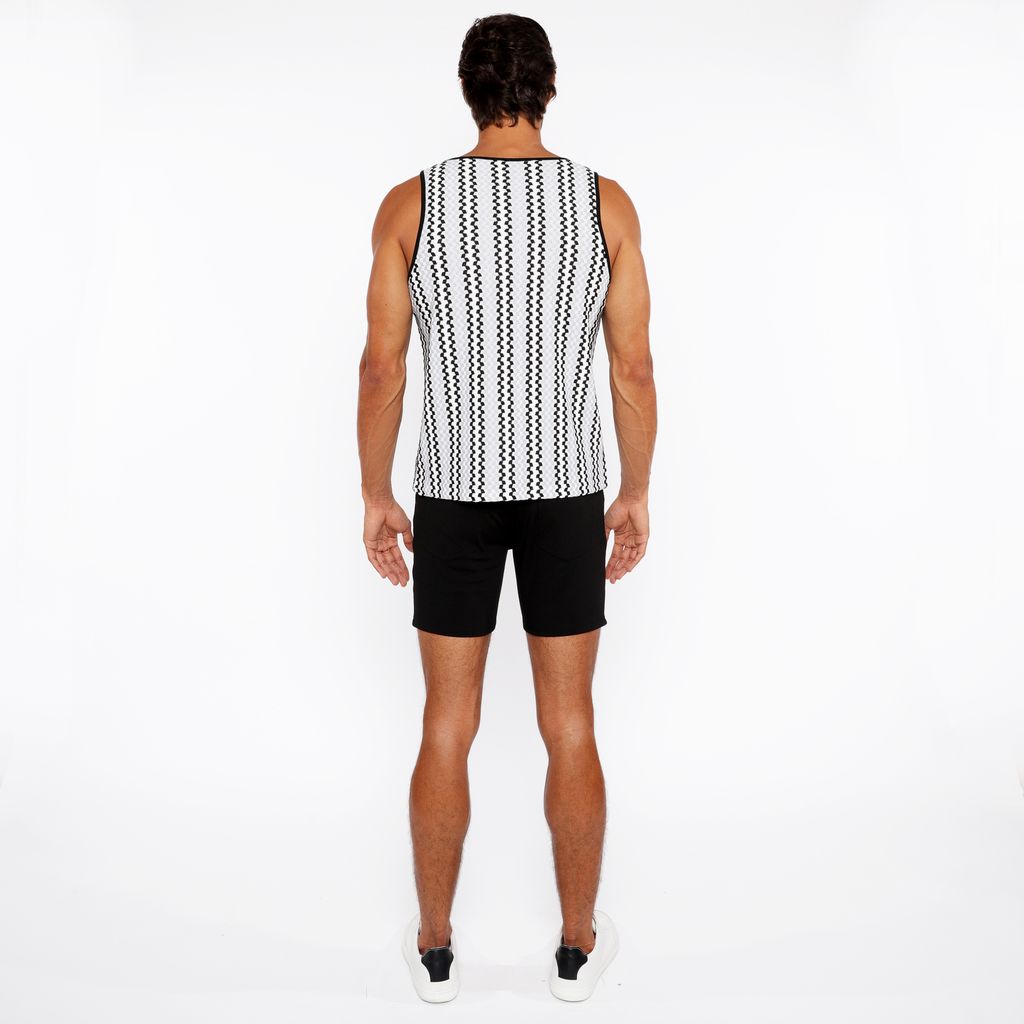 FOG BLUE/BLACK ZIGZAG STRIPES STRETCH OPEN KNIT TANK TOP ST-24218