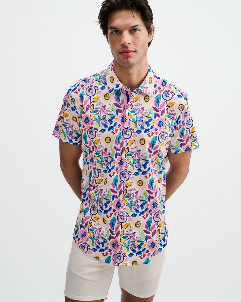 PINK/PURPLE BLOOMS PRINTED COTTON KNIT JERSEY SHORT SLEEVE SHIRT W/PLACKET DETAIL ST-9358
