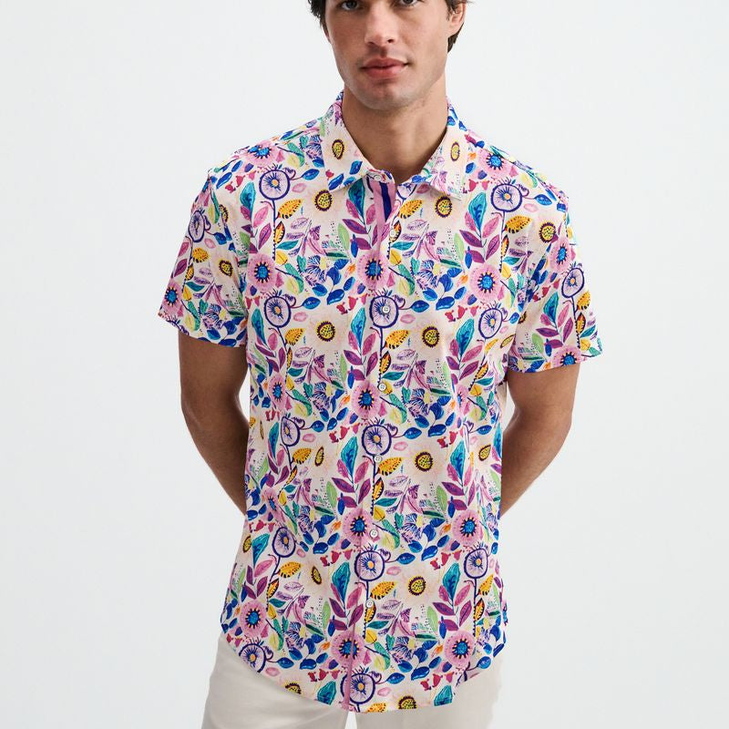 PINK/PURPLE BLOOMS PRINTED COTTON KNIT JERSEY SHORT SLEEVE SHIRT W/PLACKET DETAIL ST-9358