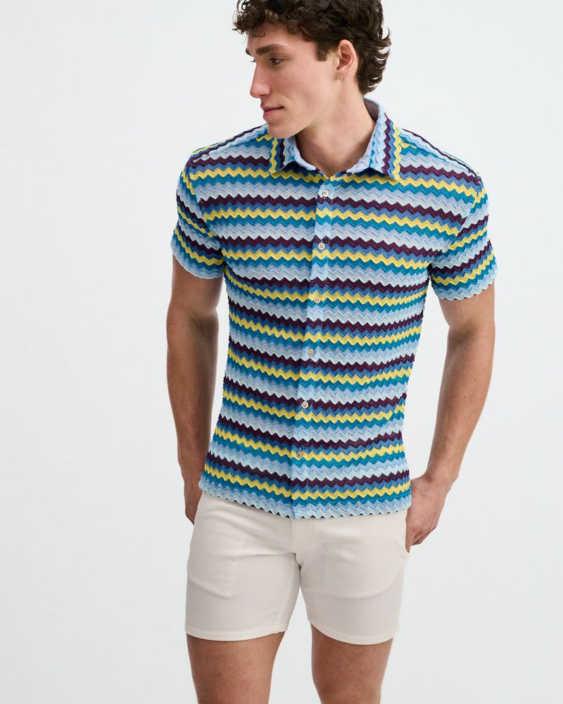 MIRAGE/GOLD OPEN KNIT STRETCH CHEVRON SHORT SLEEVE SHIRT ST-24078