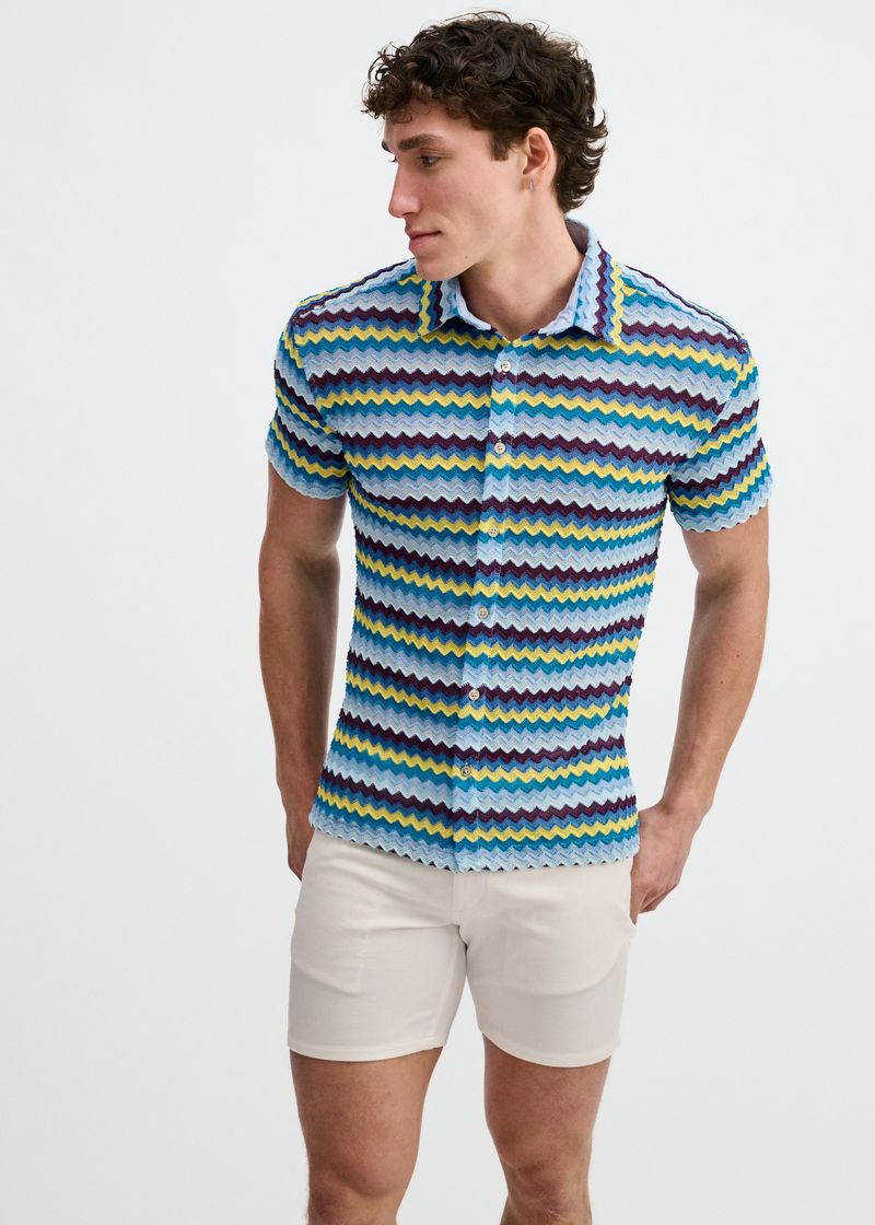 MIRAGE/GOLD OPEN KNIT STRETCH CHEVRON SHORT SLEEVE SHIRT ST-24078