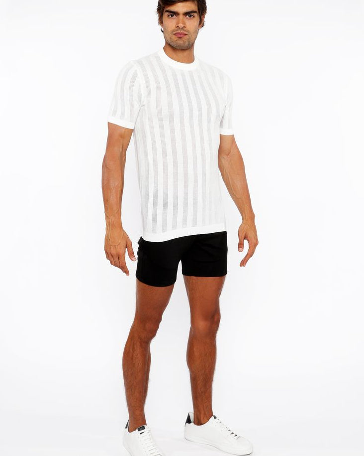 WHITE TEXTURED KNITTED CREW TEE ST-24304