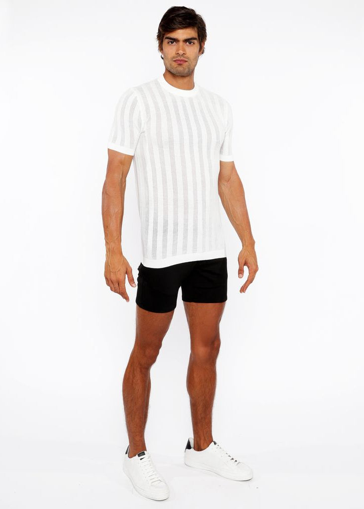 WHITE TEXTURED KNITTED CREW TEE ST-24304