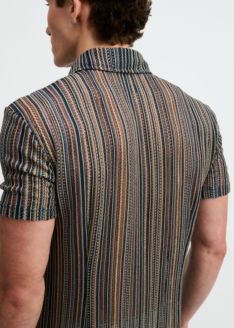 TURQUOISE/KHAKI VERTICAL STRIPE OPEN KNIT SHORT SLEEVE SHIRT ST-24073