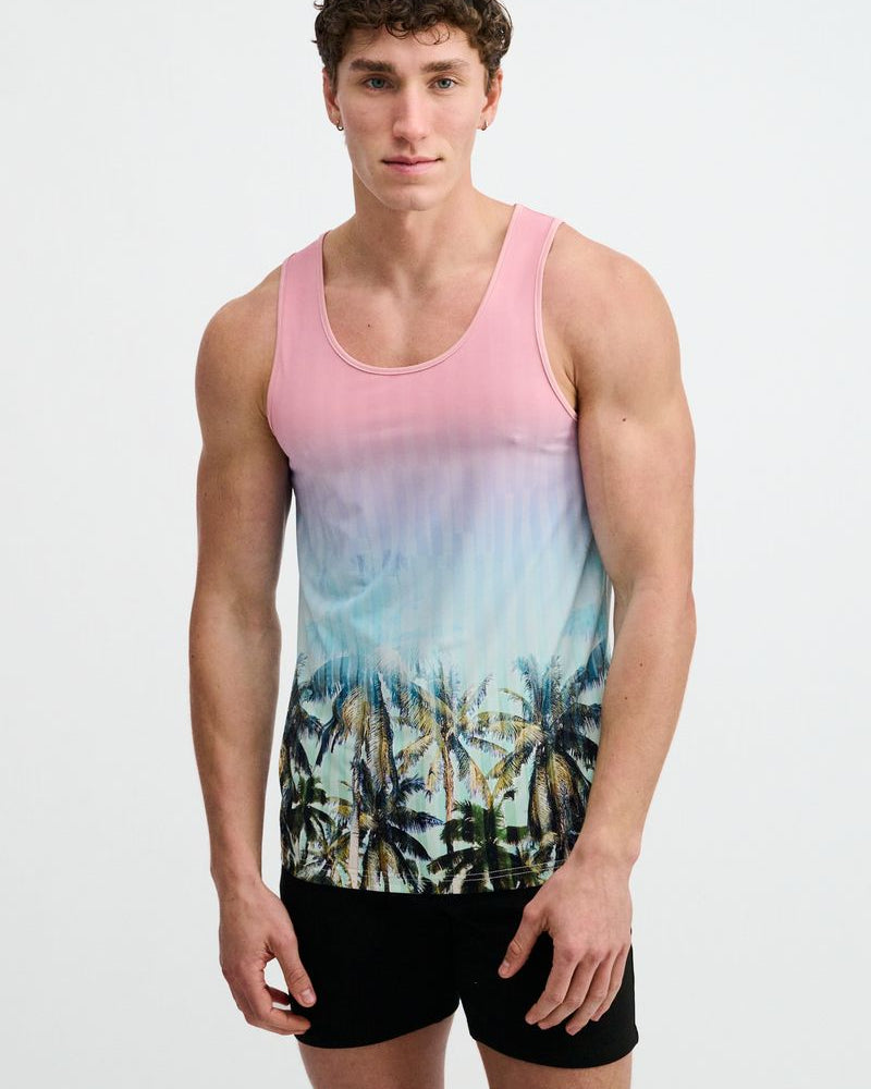 BLUSH/AQUA PALMS PRINTED STRETCH MESH TANK ST-11148
