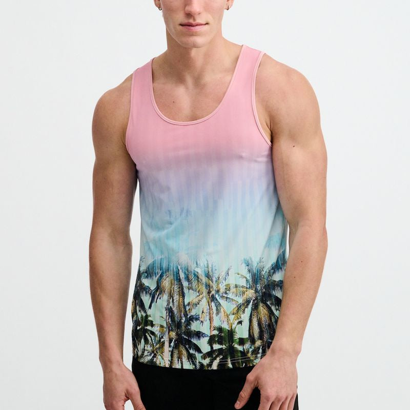 BLUSH/AQUA PALMS PRINTED STRETCH MESH TANK ST-11148