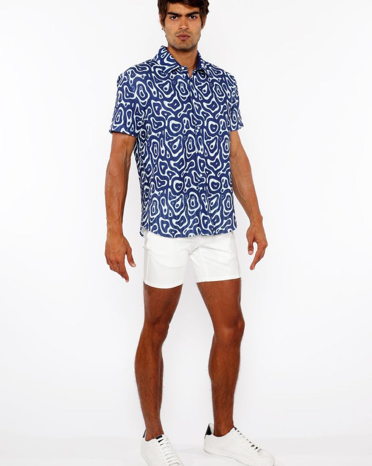 FRENCH BLUE SQUIGGLY PRINTED OPEN KNIT STRETCH SHORT SLEEVE SHIRT ST-48070