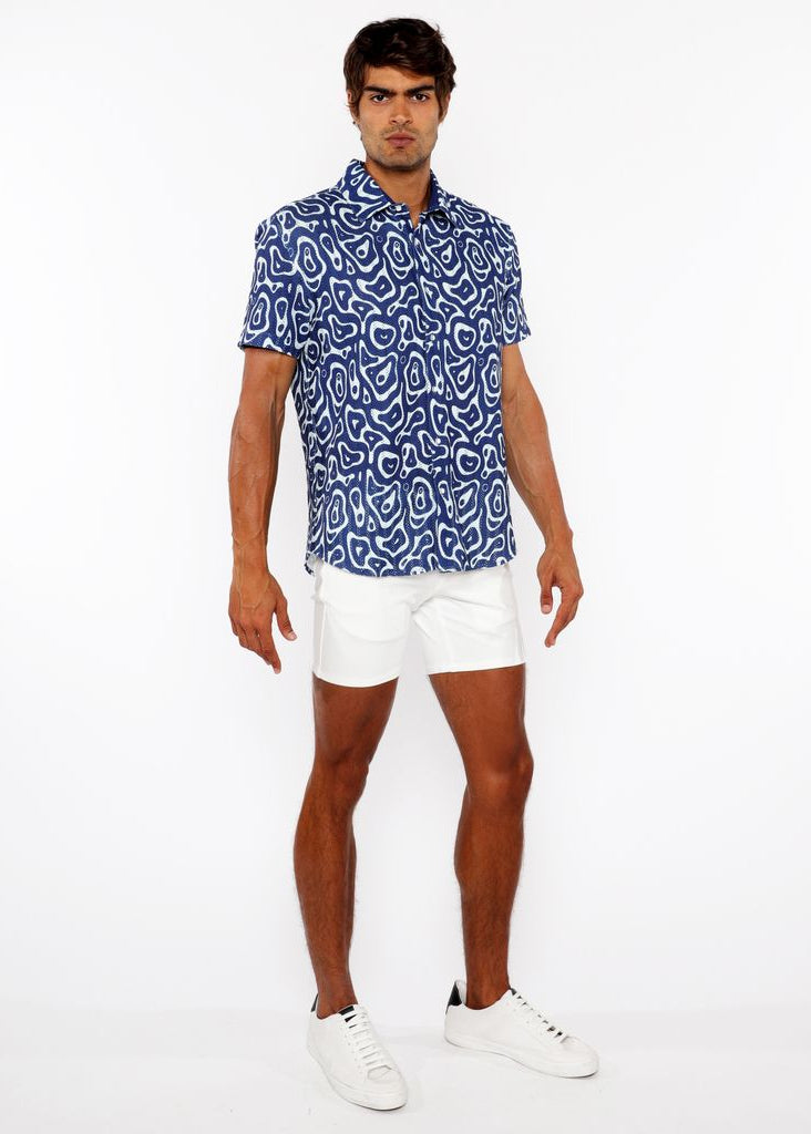 FRENCH BLUE SQUIGGLY PRINTED OPEN KNIT STRETCH SHORT SLEEVE SHIRT ST-48070