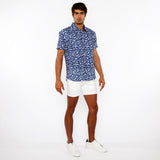 FRENCH BLUE SQUIGGLY PRINTED OPEN KNIT STRETCH SHORT SLEEVE SHIRT ST-48070