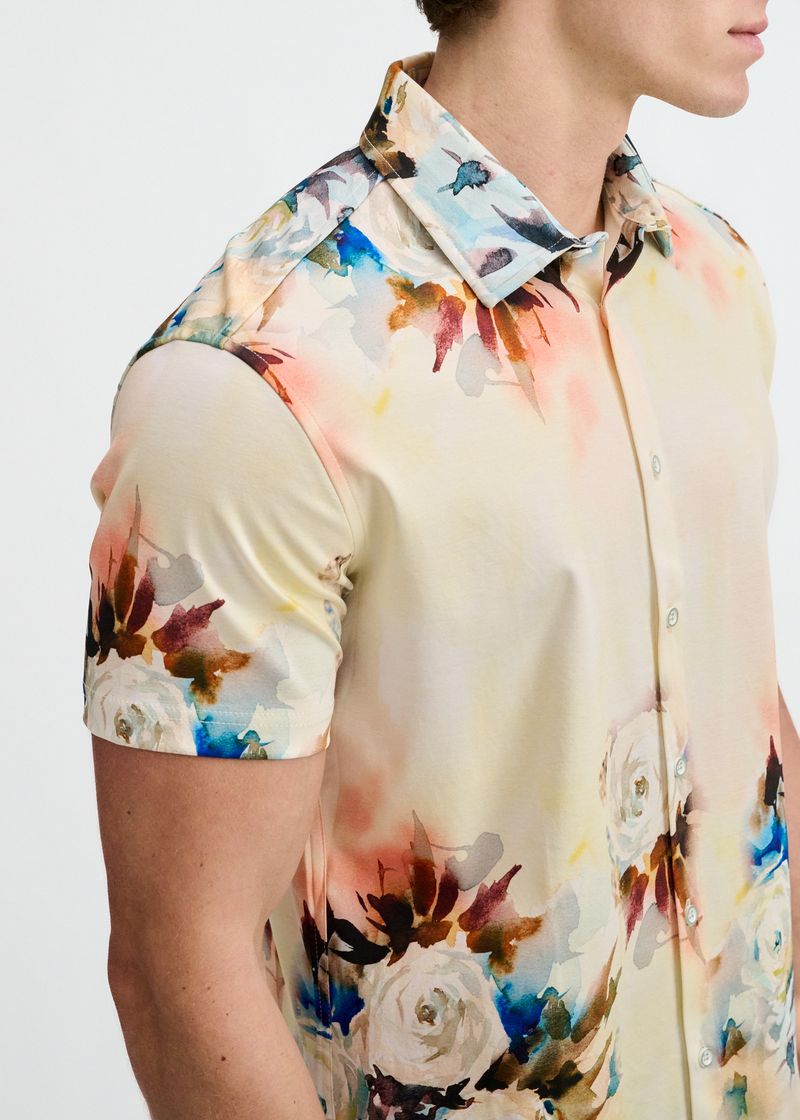 YOLK/BLUSH FLORAL ENGINEERED BORDER PRINT COTTON KNIT JERSEY SHORT SLEEVE SHIRT ST-9356