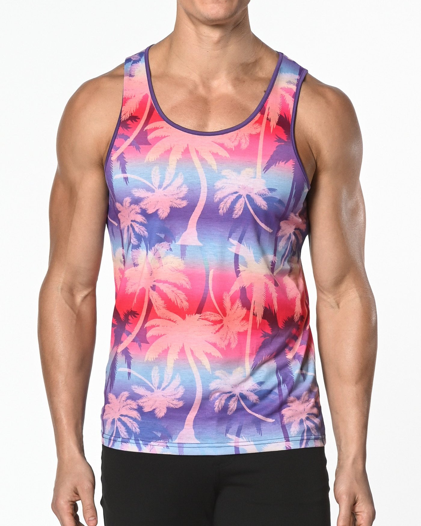 BRICK/PURPLE PALM GRADIENT PRINTED STRETCH JERSEY KNIT TANK TOP ST-462