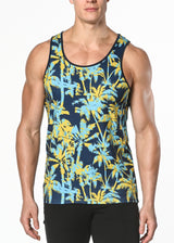 NAVY/GOLD PALM TREES PRINTED STRETCH JERSEY KNIT TANK TOP ST-463
