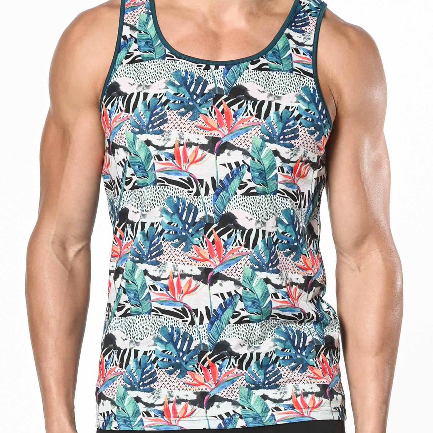 TEAL/BLACK TROPICS PRINTED STRETCH JERSEY KNIT TANK TOP ST-465