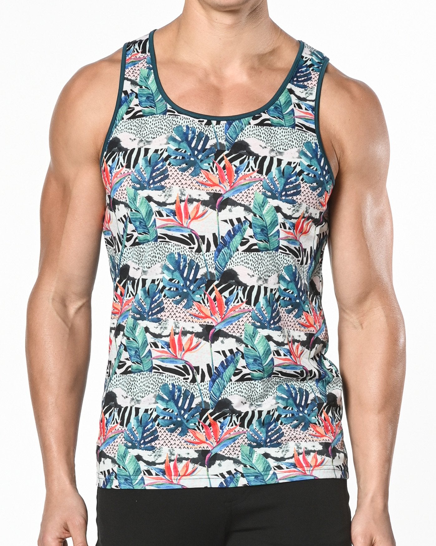 TEAL/BLACK TROPICS PRINTED STRETCH JERSEY KNIT TANK TOP ST-465