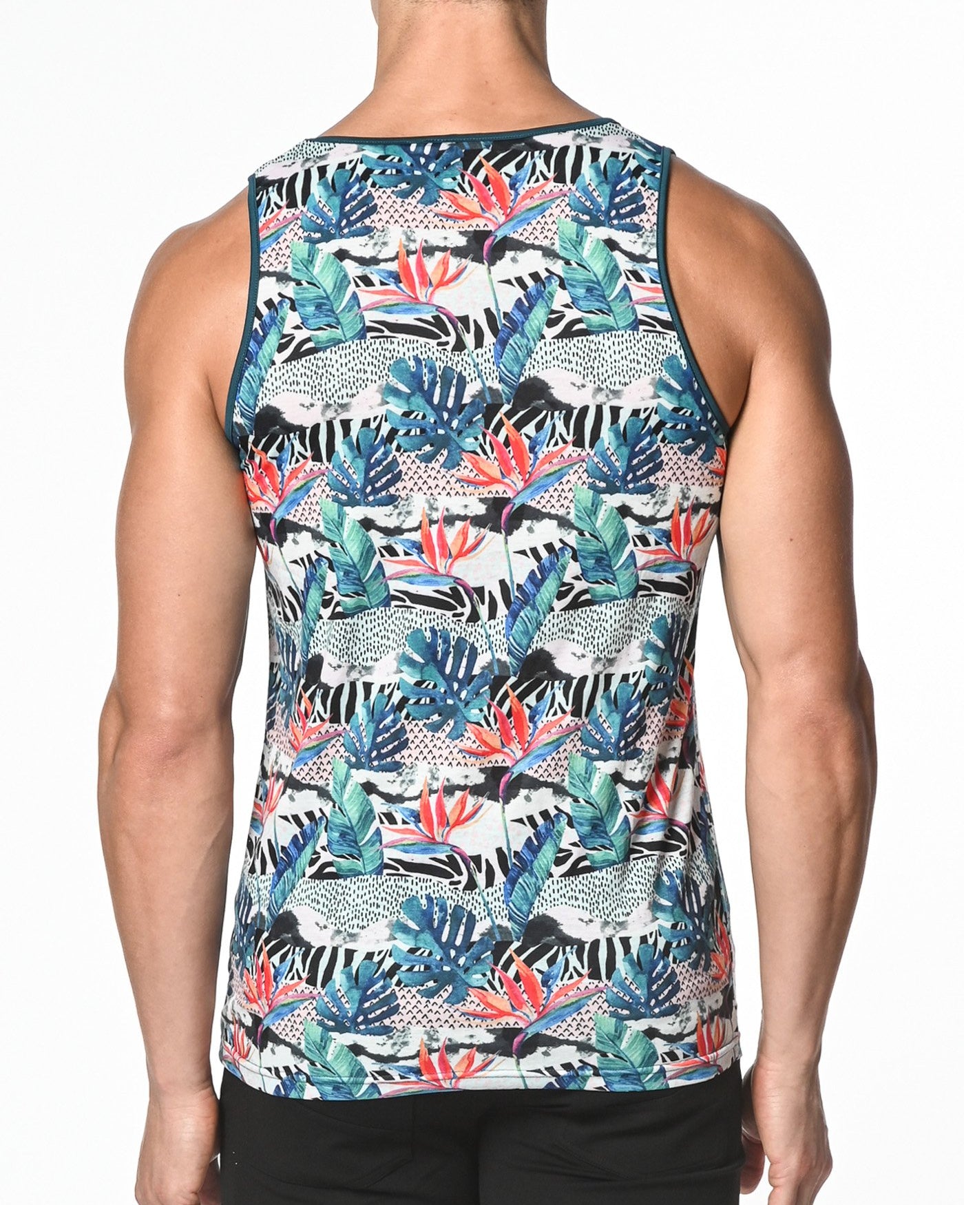 TEAL/BLACK TROPICS PRINTED STRETCH JERSEY KNIT TANK TOP ST-465