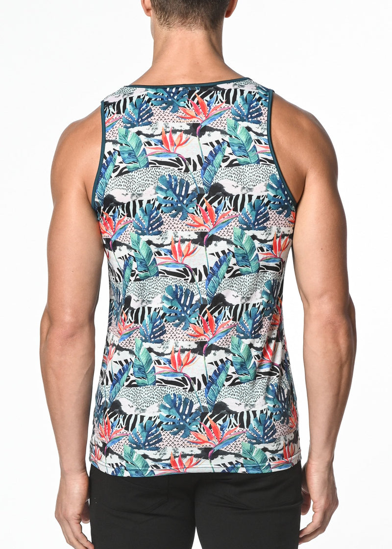 TEAL/BLACK TROPICS PRINTED STRETCH JERSEY KNIT TANK TOP ST-465
