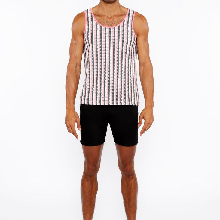 PINK GLOSS/MIDNIGHT STRIPES STRETCH OPEN KNIT TANK TOP ST-24217