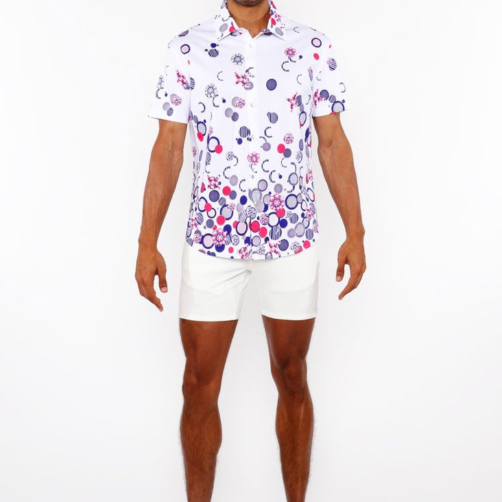 FUCHSIA/NAVY CIRCLES BORDER PRINT COTTON JERSEY KNIT SHORT SLEEVE SHIRT ST-9340