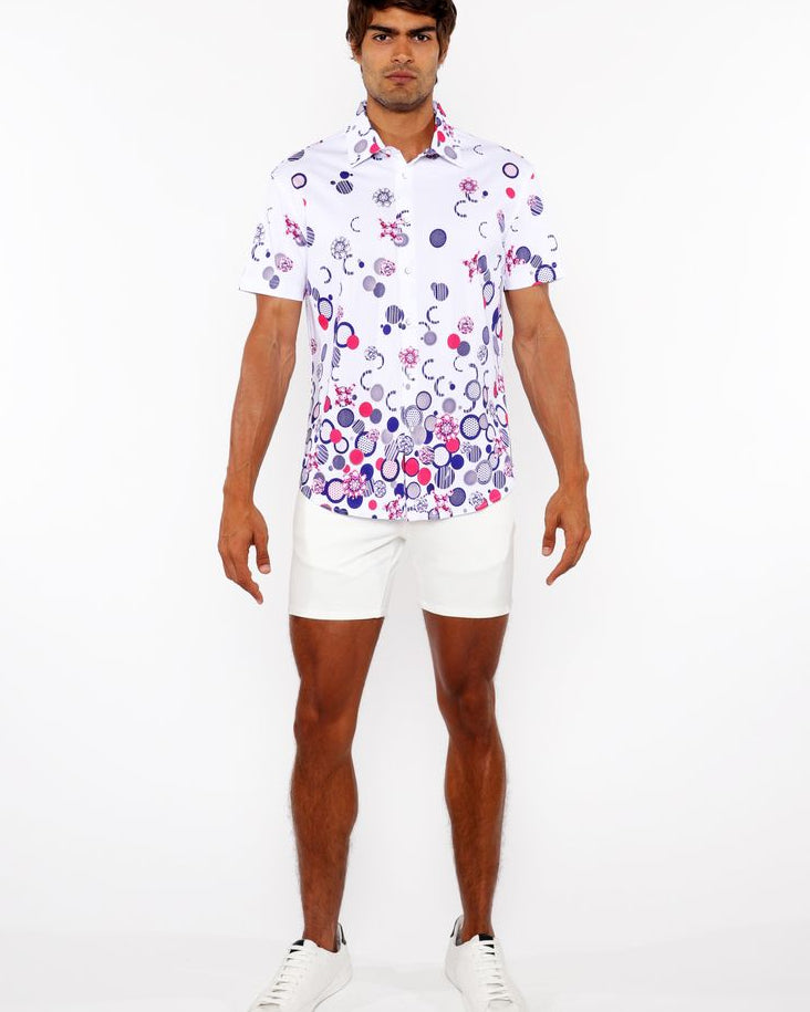 FUCHSIA/NAVY CIRCLES BORDER PRINT COTTON JERSEY KNIT SHORT SLEEVE SHIRT ST-9340