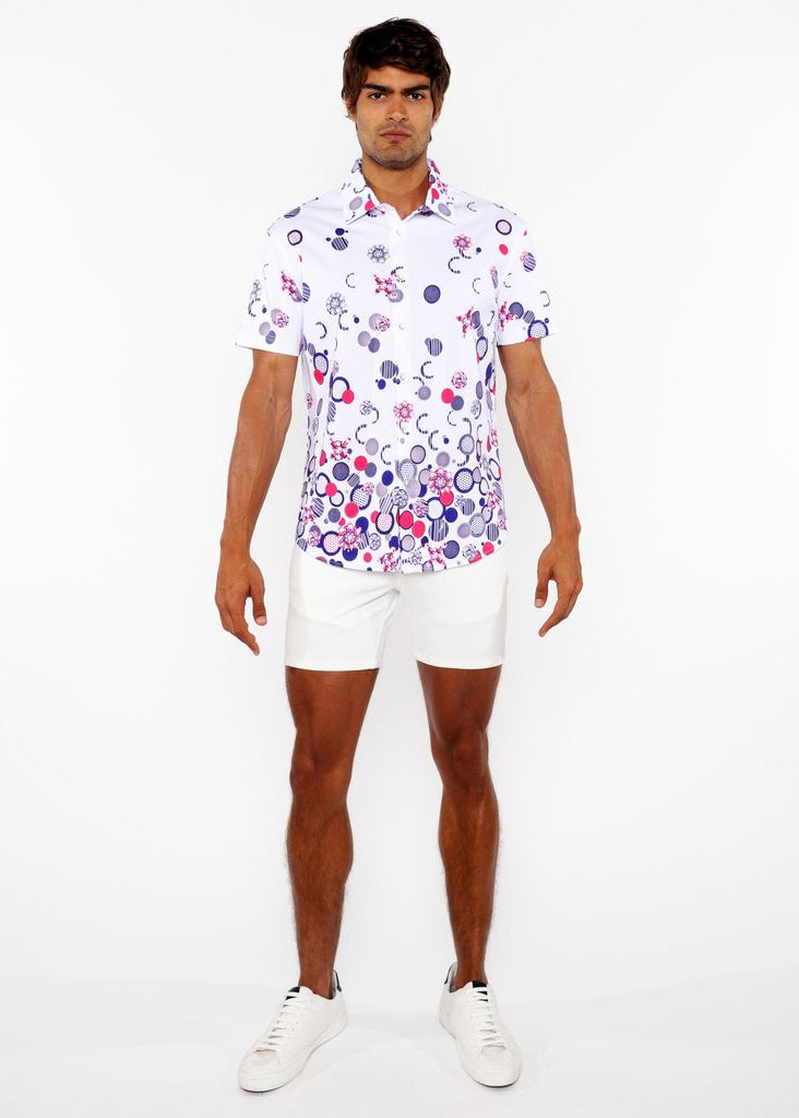 FUCHSIA/NAVY CIRCLES BORDER PRINT COTTON JERSEY KNIT SHORT SLEEVE SHIRT ST-9340