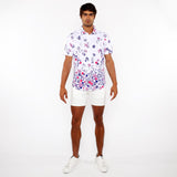 FUCHSIA/NAVY CIRCLES BORDER PRINT COTTON JERSEY KNIT SHORT SLEEVE SHIRT ST-9340