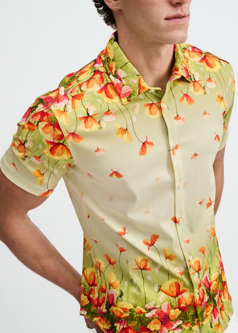GRASS/ORANGE FLORAL ENGINEERED BORDER PRINT COTTON KNIT JERSEY SHORT SLEEVE SHIRT ST-9350