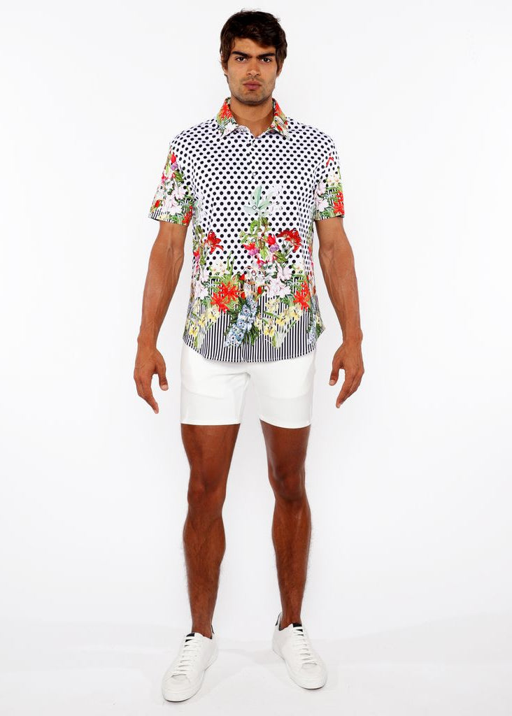 BLACK/WHITE DOTS BORDER PRINT COTTON JERSEY KNIT SHORT SLEEVE SHIRT ST-9345