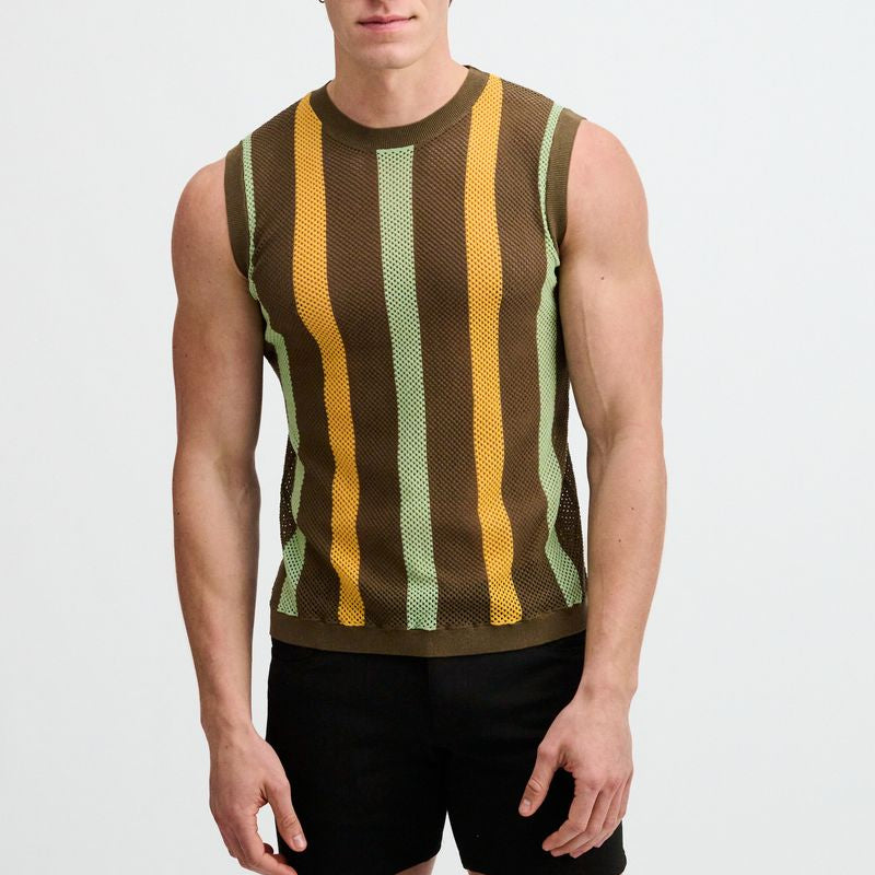 WEED TEXTURED STRIPE OPEN KNIT VEST ST-24311