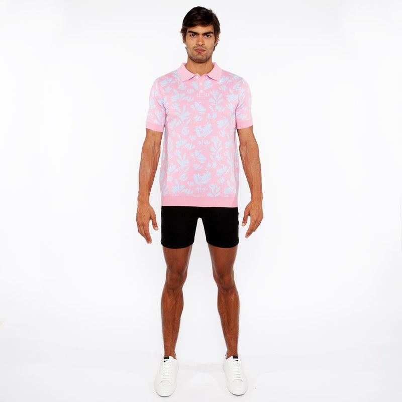 PINK/SKY LEAVES JACQUARD KNIT 3-BUTTON POLO ST-24305