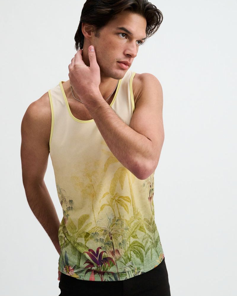GOLD/GREEN TROPICS PRINTED STRETCH MESH TANK ST-11146