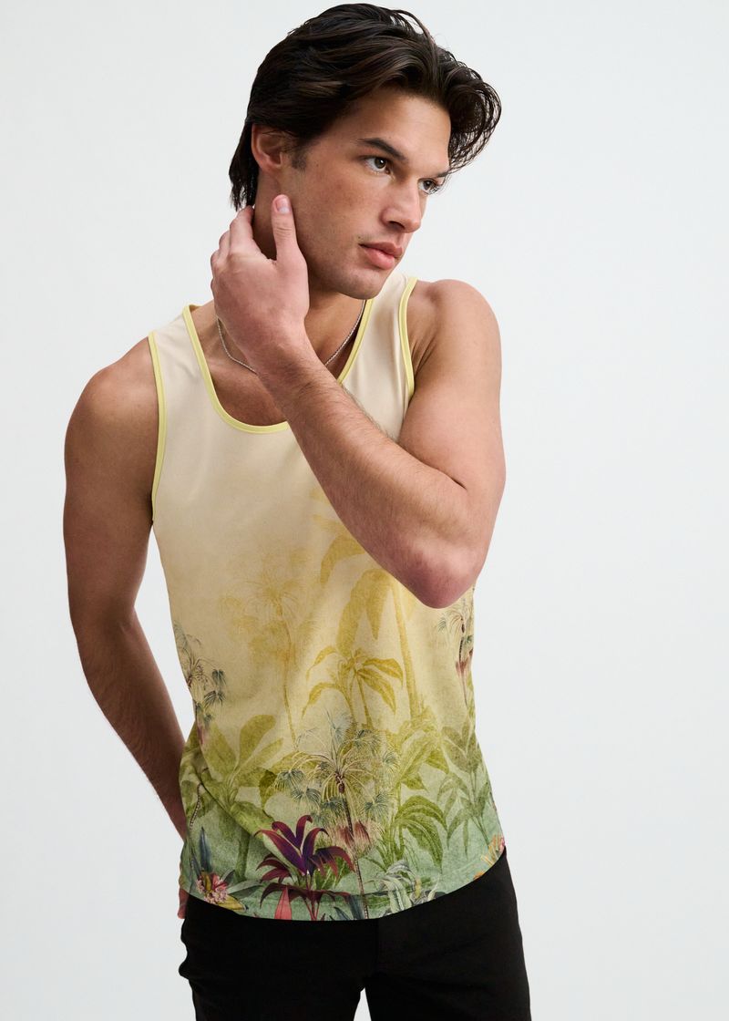 GOLD/GREEN TROPICS PRINTED STRETCH MESH TANK ST-11146