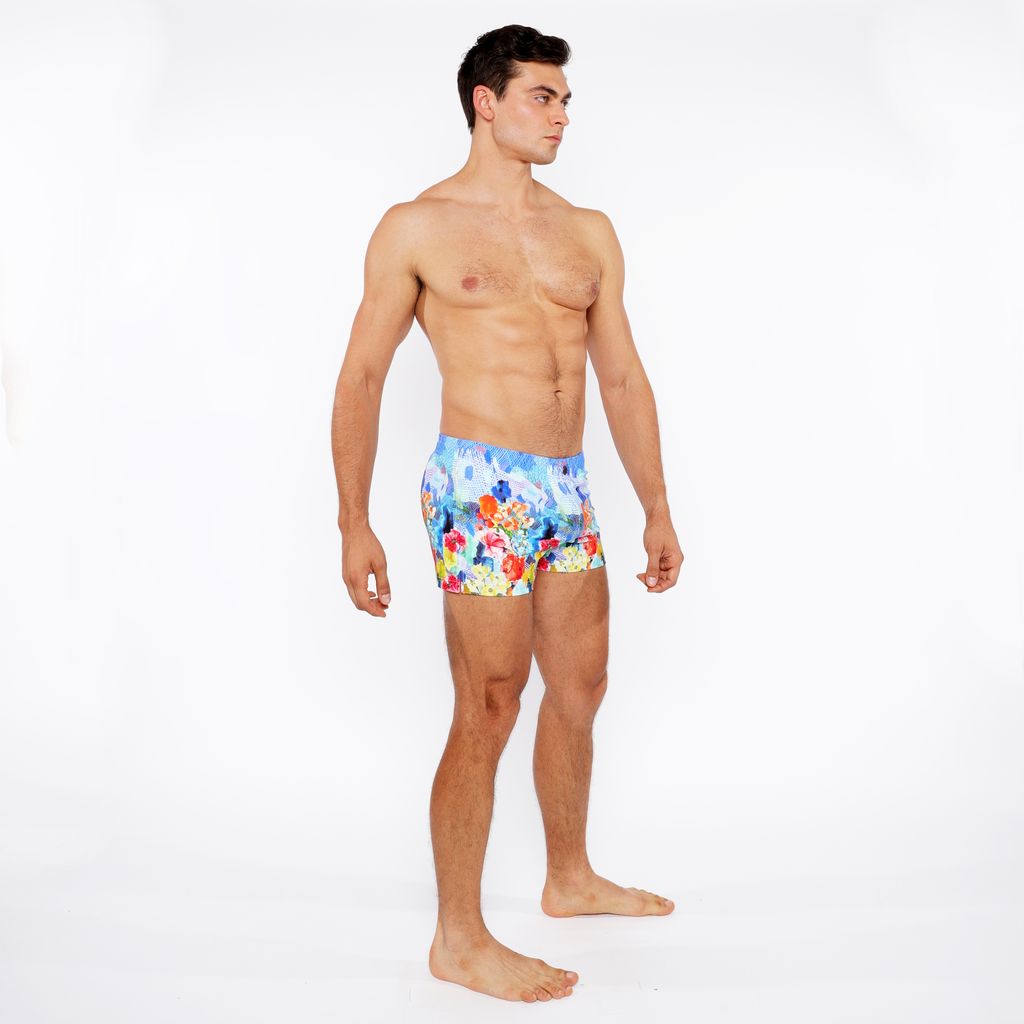 COBALT/MULTI FLORAL ABSTRACT PRINTED SWIM SHORT W/MESH BRIEF LINING ST-8024-04