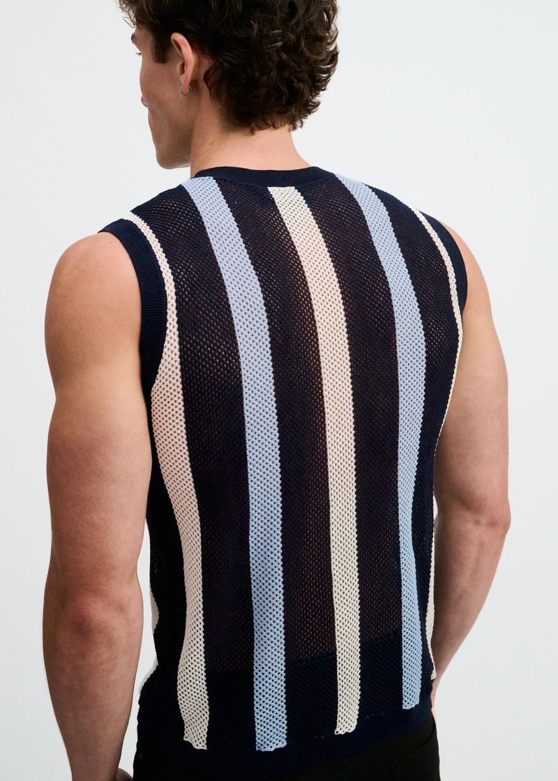 NAVY TEXTURED STRIPE OPEN KNIT VEST ST-24311