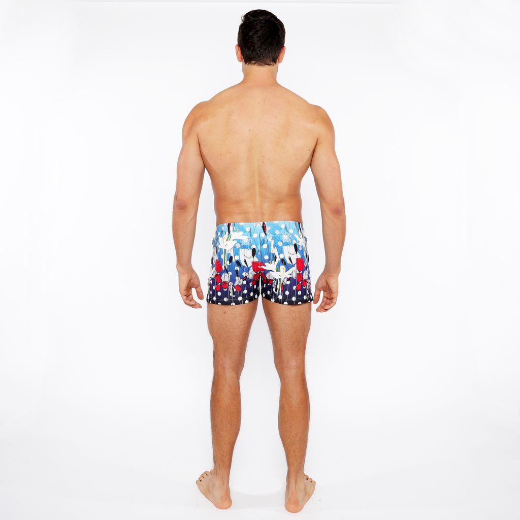 CLOUD/NAVY DOTS FLORAL PRINTED SWIM SHORT W/MESH BRIEF LINING ST-8024-02