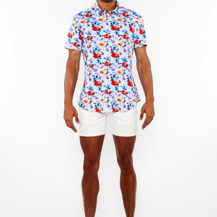 SKY/MULTI FLORAL 3D PRINT COTTON JERSEY KNIT SHORT SLEEVE SHIRT W/CONTRAST STRIPE PLACKET ST-9327
