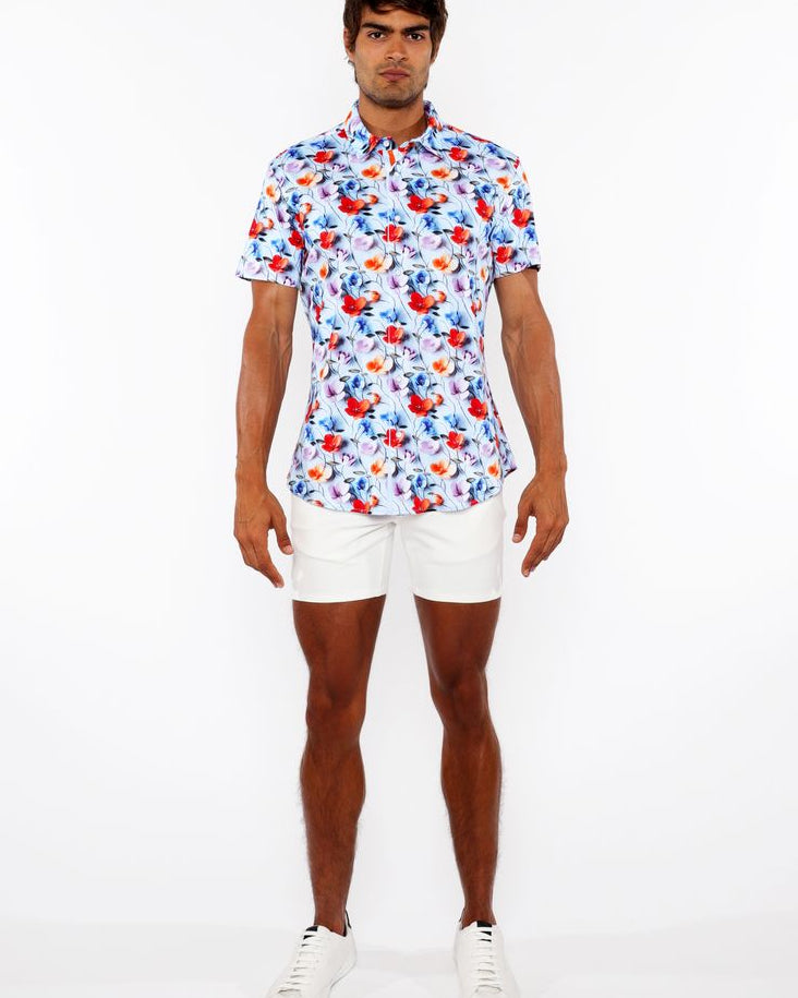 SKY/MULTI FLORAL 3D PRINT COTTON JERSEY KNIT SHORT SLEEVE SHIRT W/CONTRAST STRIPE PLACKET ST-9327