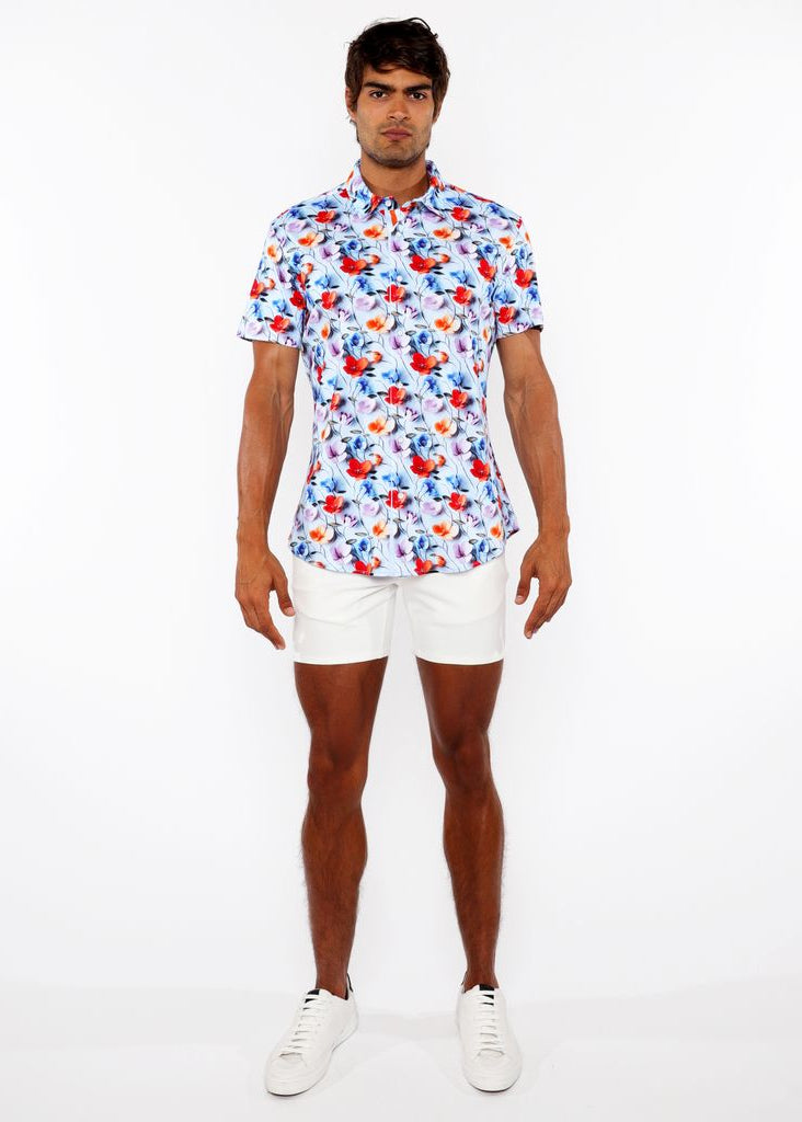 SKY/MULTI FLORAL 3D PRINT COTTON JERSEY KNIT SHORT SLEEVE SHIRT W/CONTRAST STRIPE PLACKET ST-9327