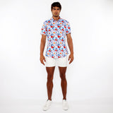 SKY/MULTI FLORAL 3D PRINT COTTON JERSEY KNIT SHORT SLEEVE SHIRT W/CONTRAST STRIPE PLACKET ST-9327