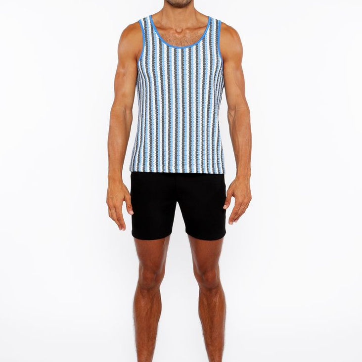 AQUA/MIDNIGHT STRIPES STRETCH OPEN KNIT TANK TOP ST-24217
