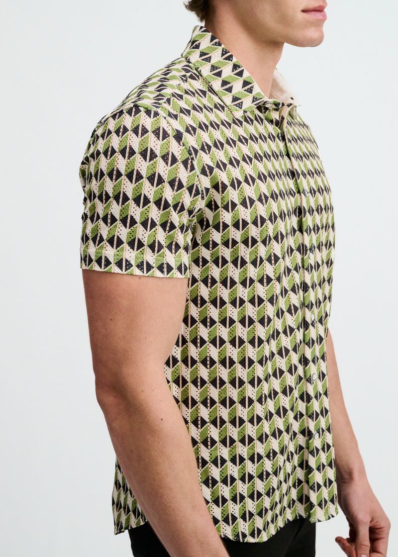CLOVER/NAVY BOXES PRINTED OPEN KNIT STRETCH SHORT SLEEVE SHIRT ST-48076