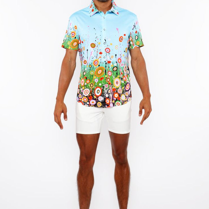 SKY/MULTI CIRCLE BURSTS BORDER PRINT COTTON JERSEY KNIT SHORT SLEEVE SHIRT ST-9342