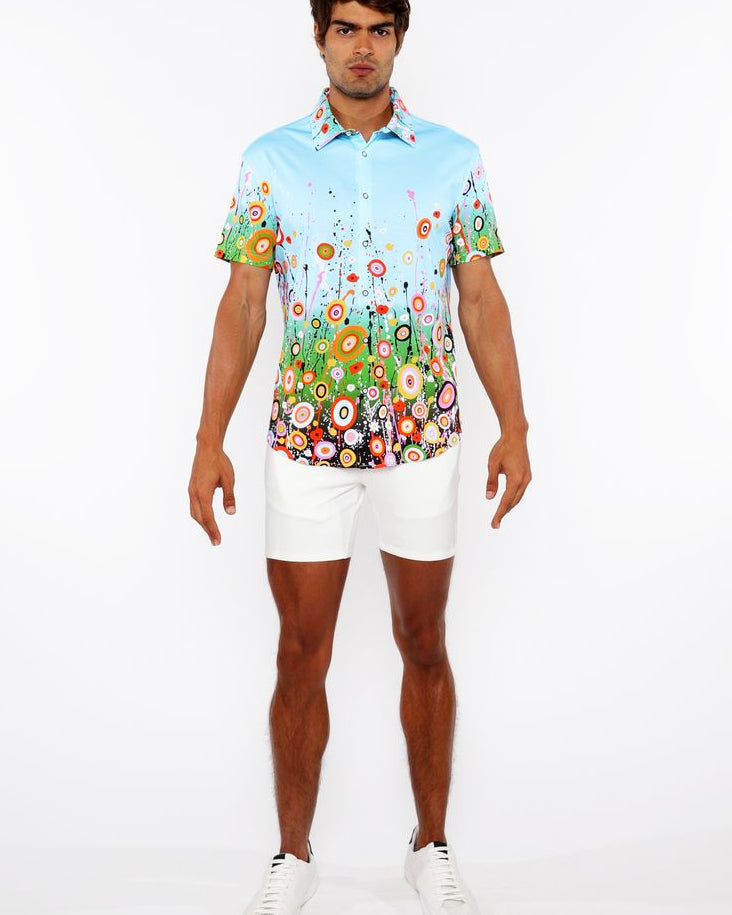 SKY/MULTI CIRCLE BURSTS BORDER PRINT COTTON JERSEY KNIT SHORT SLEEVE SHIRT ST-9342
