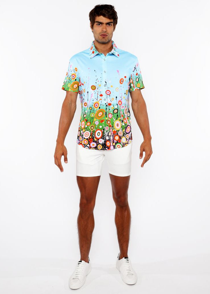 SKY/MULTI CIRCLE BURSTS BORDER PRINT COTTON JERSEY KNIT SHORT SLEEVE SHIRT ST-9342