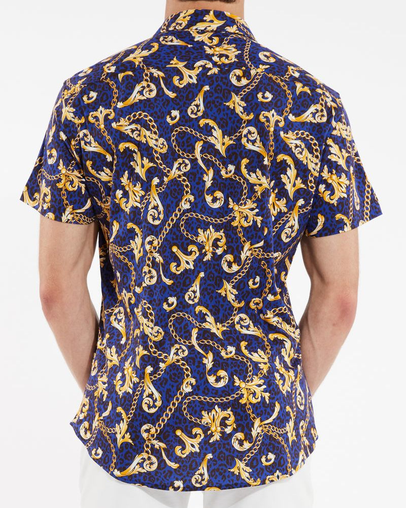 NAVY/GOLD LEOPARD CHAINS COTTON KNIT SHORT SLEEVE SHIRT ST-9231-Final Sale