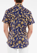 NAVY/GOLD LEOPARD CHAINS COTTON KNIT SHORT SLEEVE SHIRT ST-9231-Final Sale