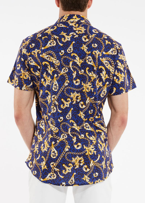 NAVY/GOLD LEOPARD CHAINS COTTON KNIT SHORT SLEEVE SHIRT ST-9231-Final Sale